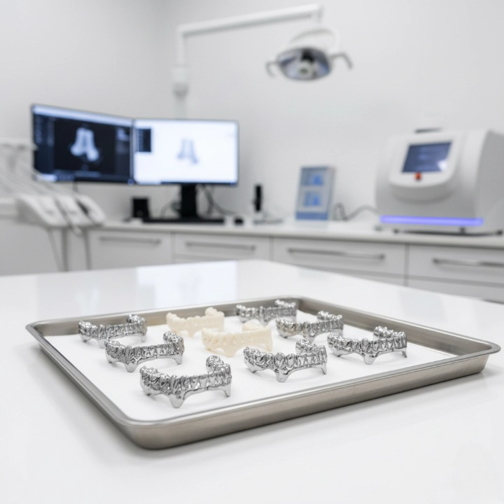 A high-resolution monitor in a sterile lab displays a 3D wireframe model of dental implants.