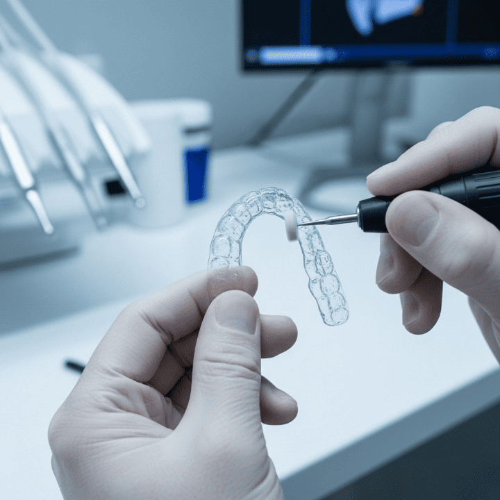 A high-tech 3D printer creating a clear dental aligner using blue light and resin_cleanup (1)