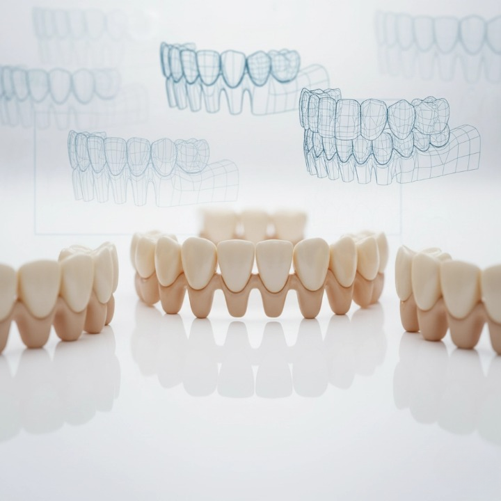 Assorted full dentures and a metal-reinforced partial bridge on a white surface.