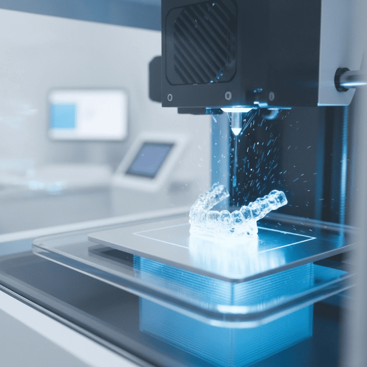 Clear aligners and colorful blue and pink orthodontic retainers on a dental clinic table_cleanup (1)