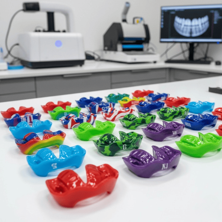 Clear and colorful orthodontic retainers and mouthguards displayed in a dental office_cleanup (1)