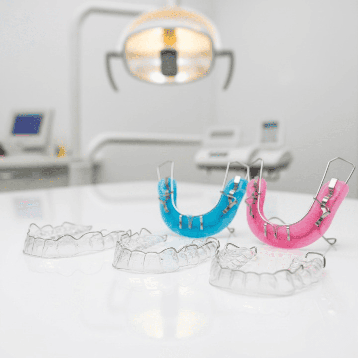 Clear and colorful orthodontic retainers displayed on a white surface in a dental office.