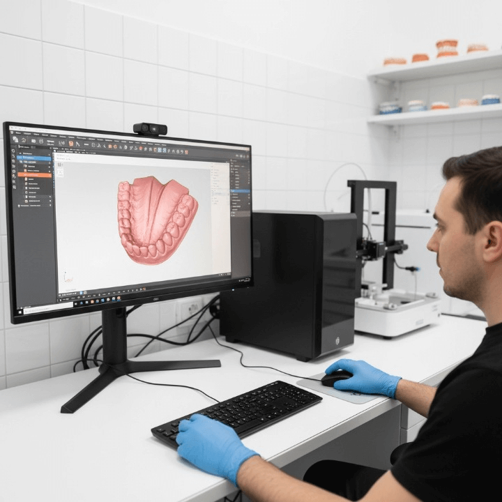 Dental technician in blue gloves using a precision tool to refine a prosthetic bridge in a digital lab.