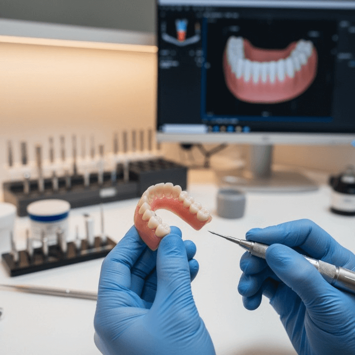 Dental technician refining a prosthetic bridge in a laboratory.