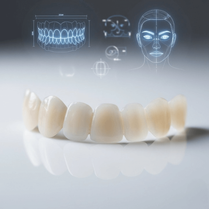 Dental technician using a precision tool on a prosthetic bridge with a digital 3D model on.