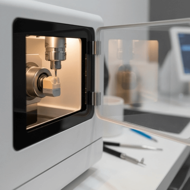 Technician in blue gloves refining a prosthetic bridge with a digital 3D model in the background2_cleanup (1)