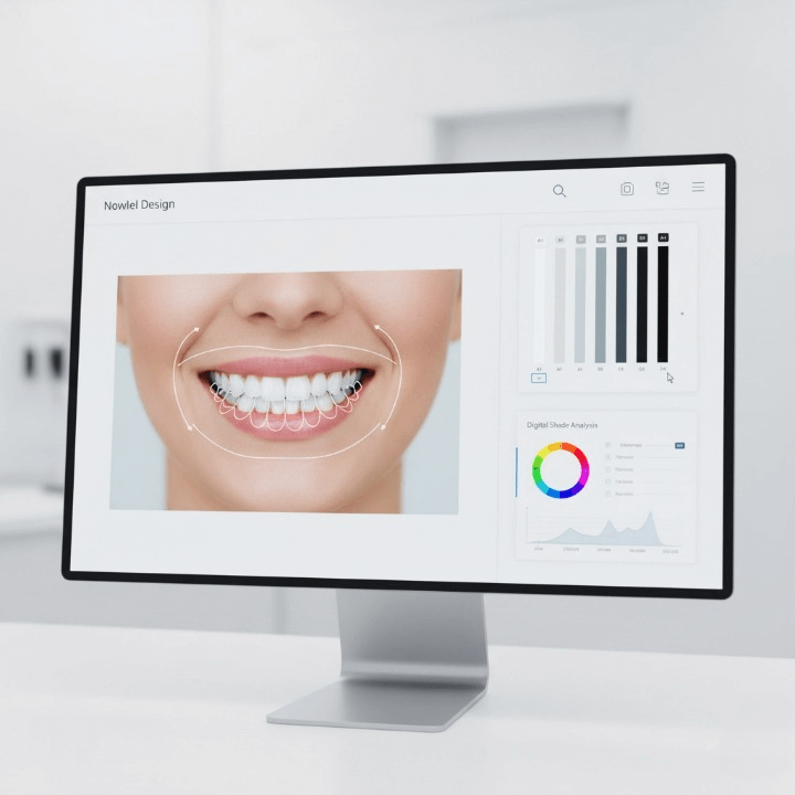 Professional in blue gloves holding a partial denture near a chrome-cobalt dental framework.