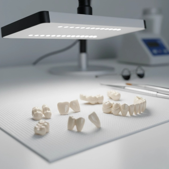 Technician in blue gloves refining a prosthetic bridge with a digital 3D model_cleanup (1)